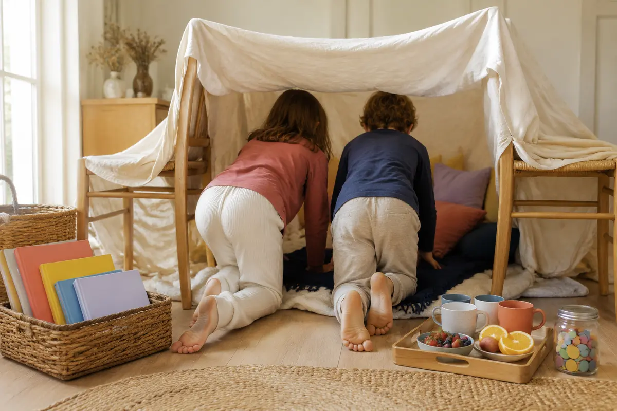 Début de vacances en famille avec affiche programme jetons et panier de livres