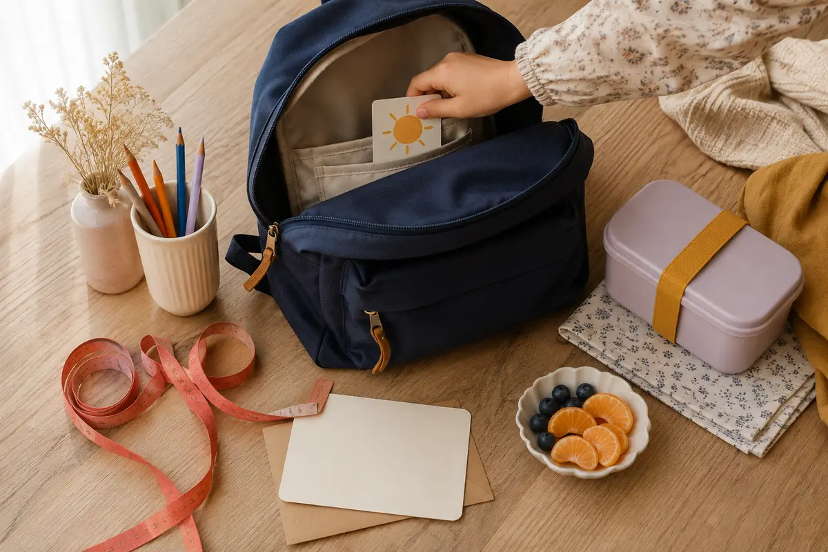 Rituel de rentrée avec cartable mètre ruban carte souvenir et goûter sur table