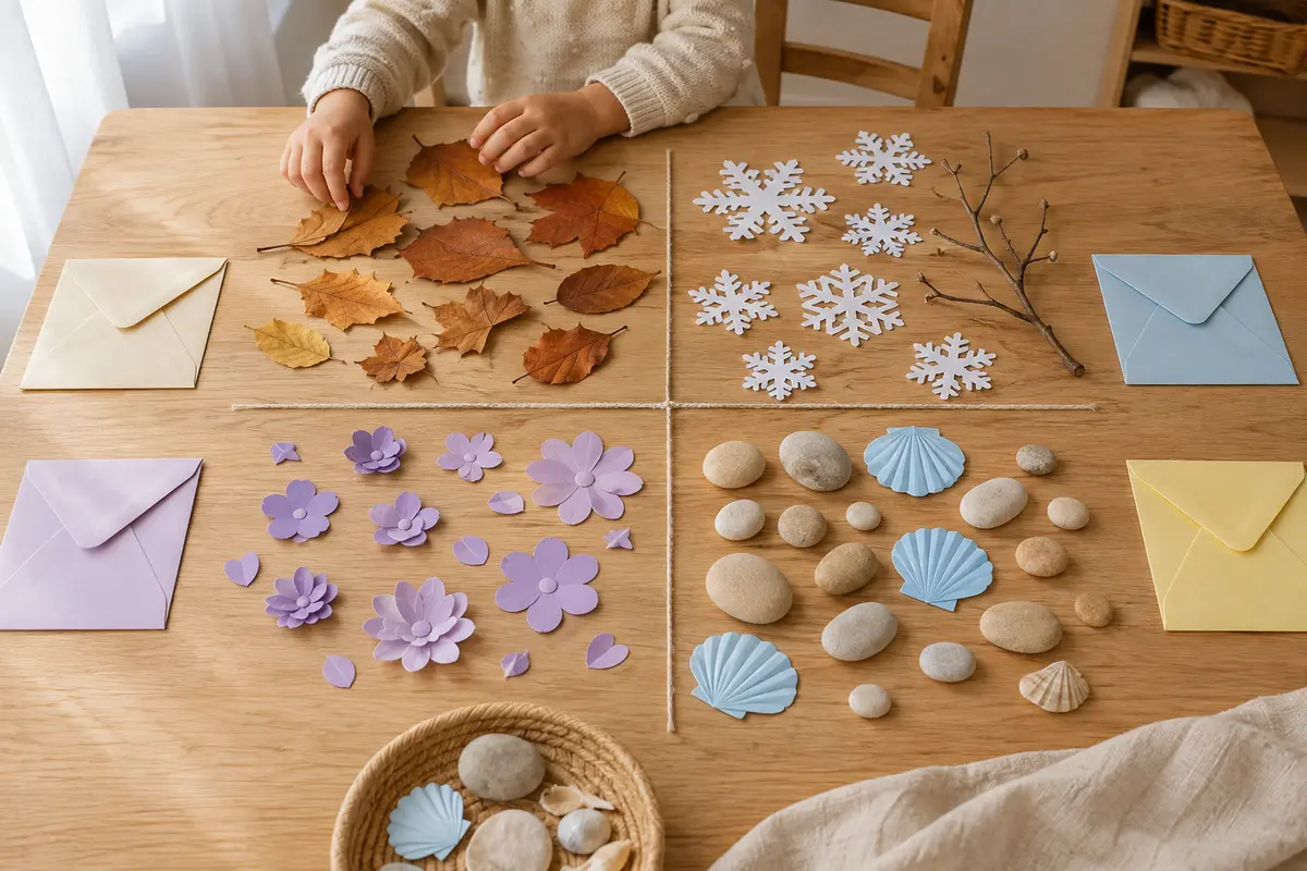 Table des saisons avec feuilles séchées fleurs papier galets et quatre enveloppes colorées