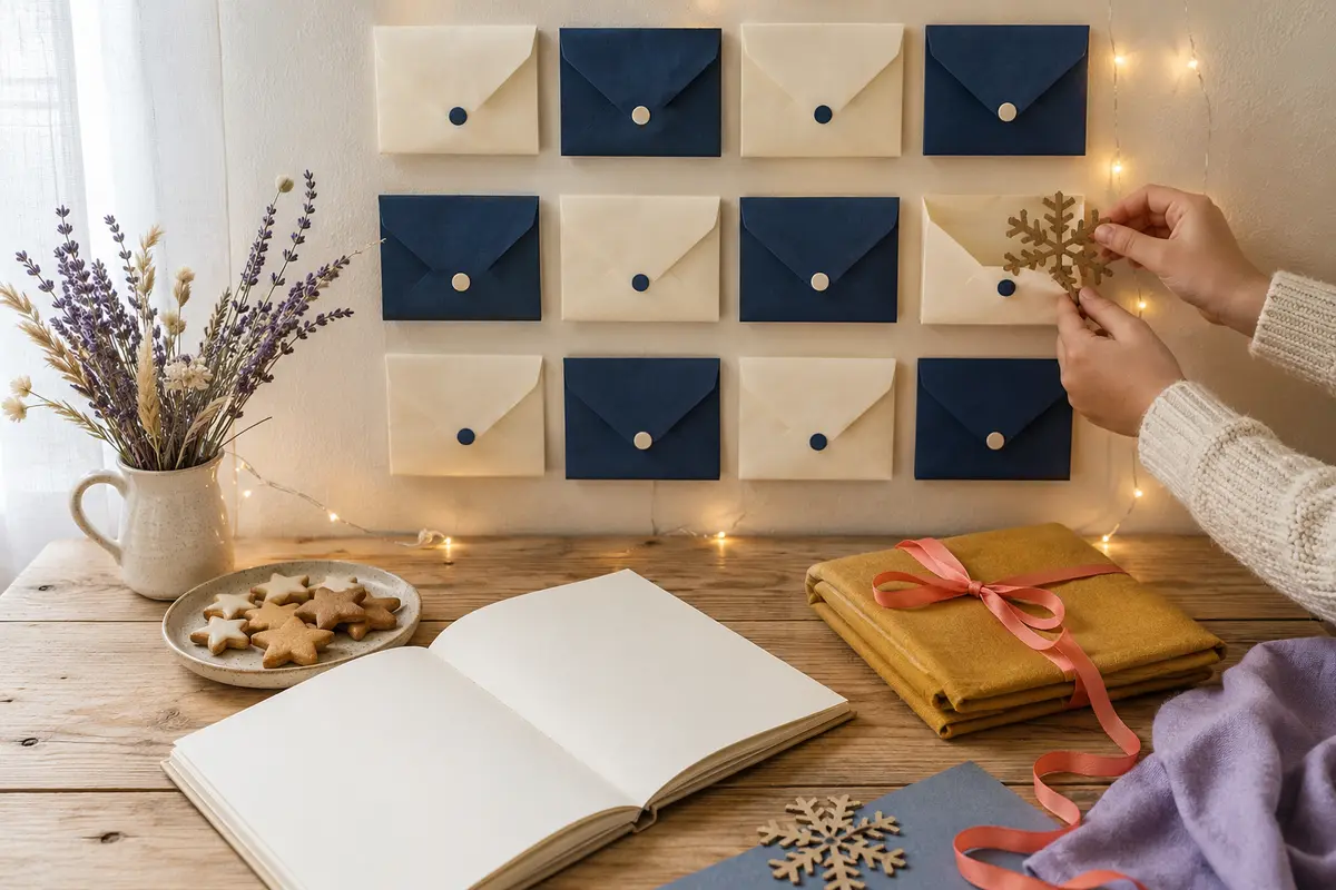 Traditions de Noël sobres avec calendrier enveloppes livre emballage tissu et biscuits