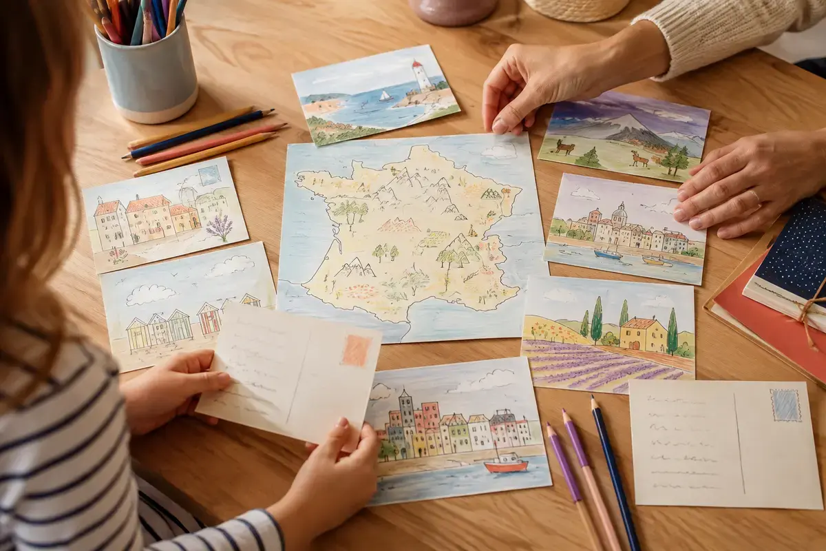 Carnet de voyage familial avec carte postale galet ticket et pochette souvenir