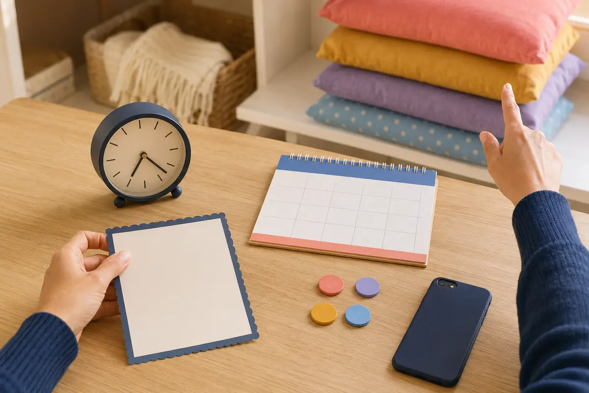 Kit de planification familiale avec calendrier minuteur cartes et jetons colorés sans texte