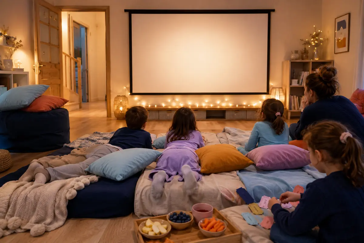 Soirée cinéma enfant à la maison avec coussins guirlande douce billets maison et plateau de goûter