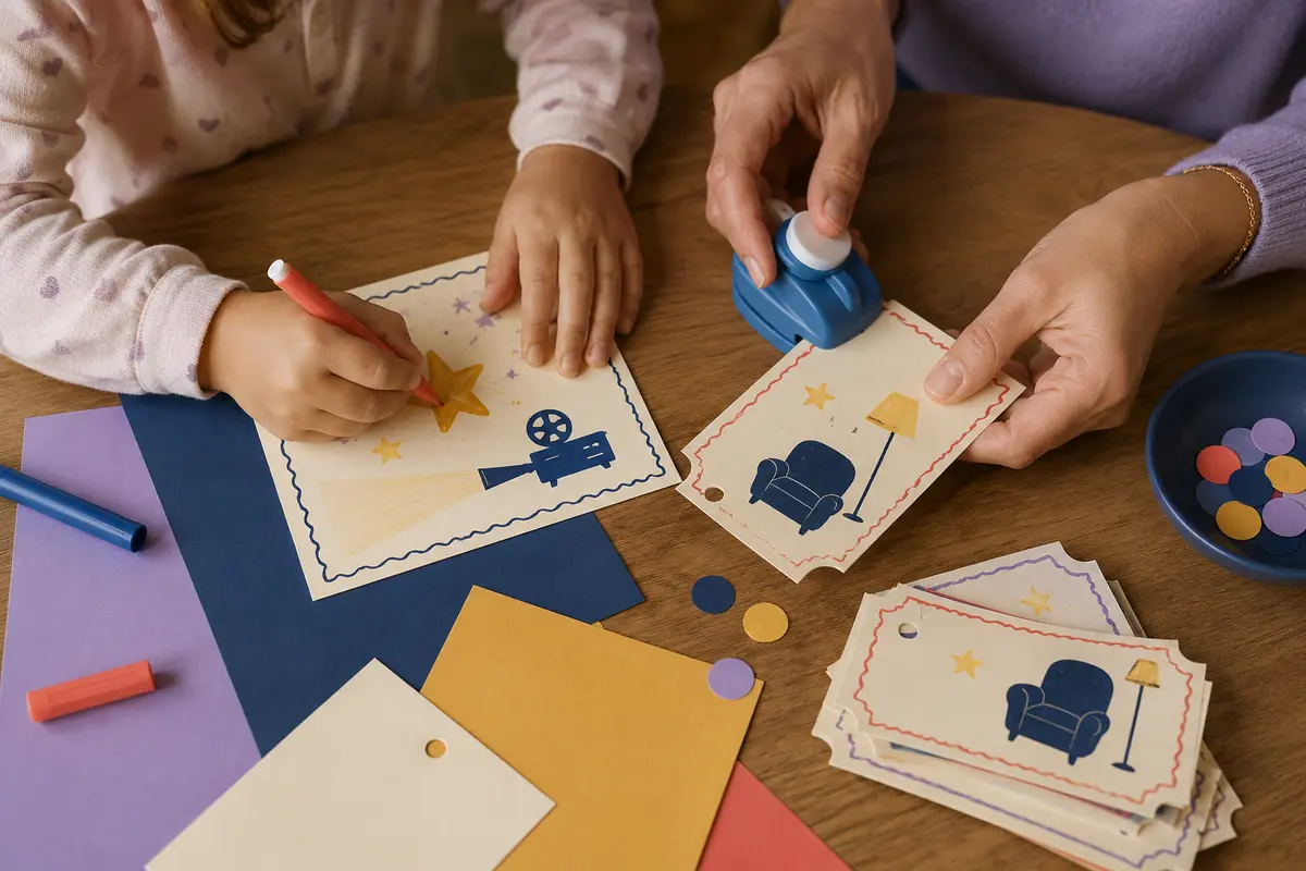Invitations et billets de cinéma maison illustrés sans marque préparés par des mains d’enfant