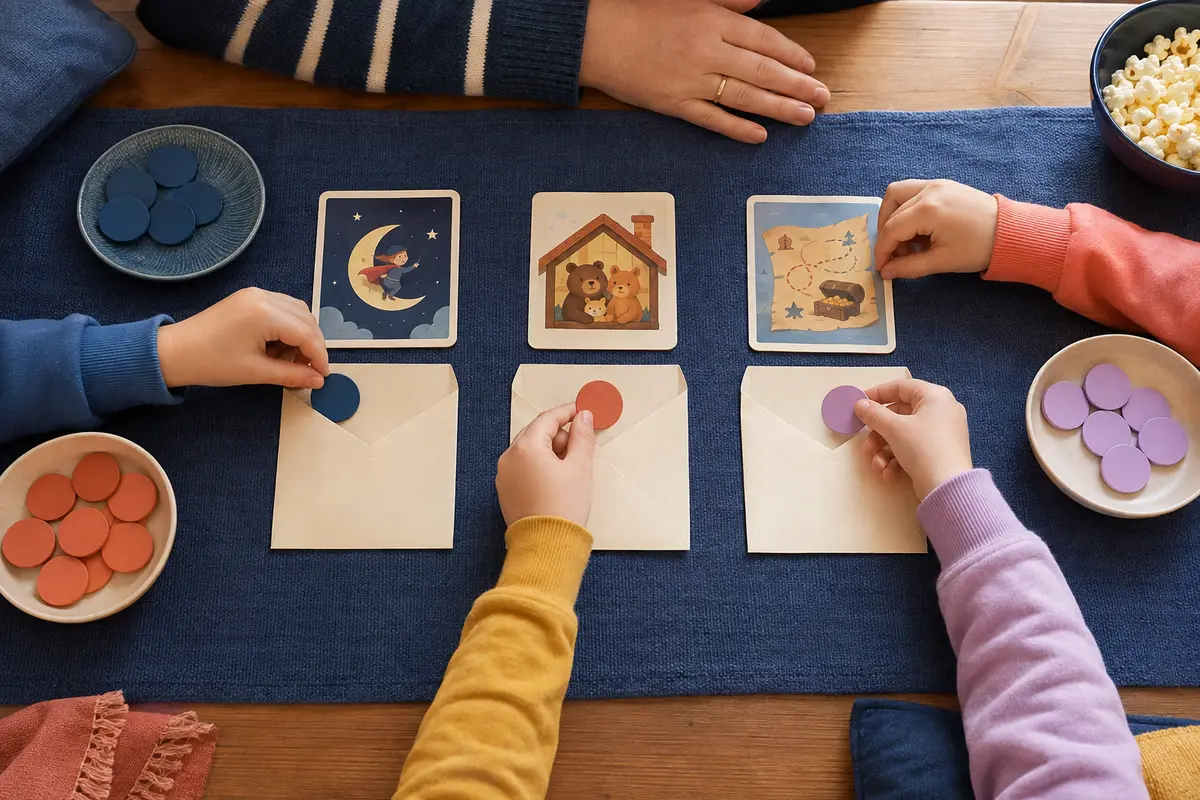 Enfants votant avec des jetons colorés entre trois affiches de films fictifs sans titre ni personnage connu