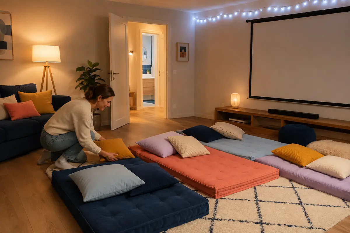 Salon transformé en cinéma enfant avec allée libre coussins plaids lumière LED et écran neutre