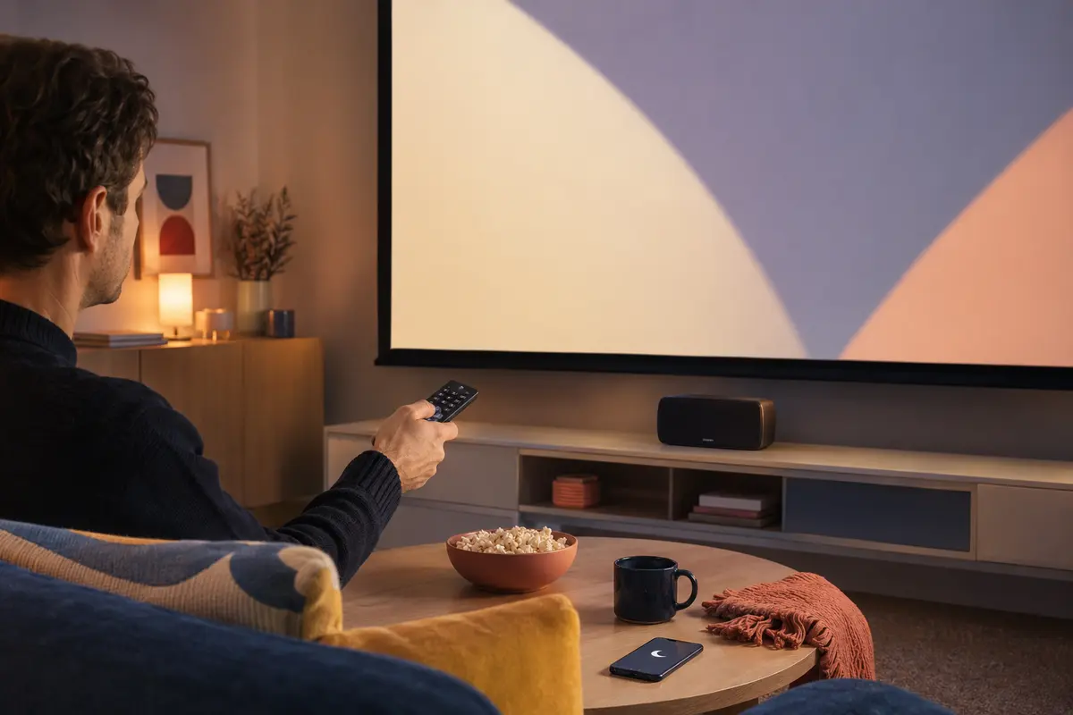 Adulte testant un écran neutre un haut-parleur et une télécommande avant une soirée cinéma enfant