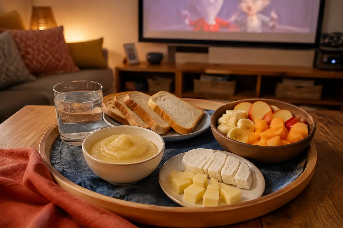 Plateau de snacks sûrs pour soirée cinéma enfant avec eau compote pain fromage pasteurisé et fruits découpés