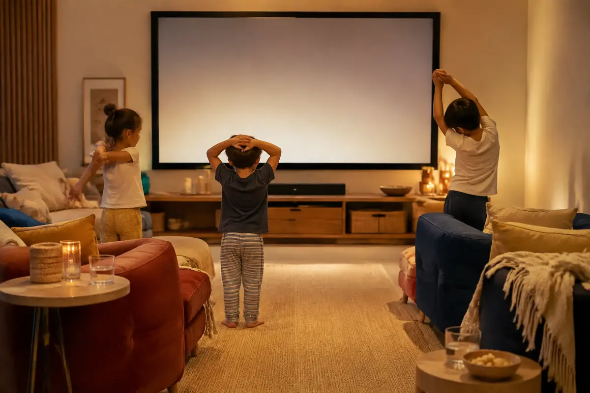 Pause de soirée cinéma enfant avec lumière rallumée eau étirements et passage libre