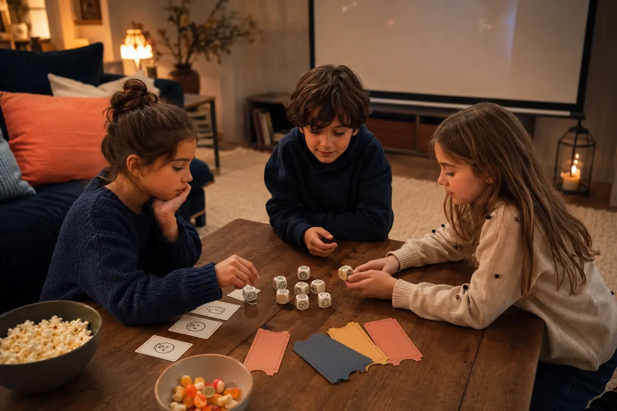 Jeux calmes avant une soirée cinéma enfant avec dés à histoires mime et billet coup de cœur