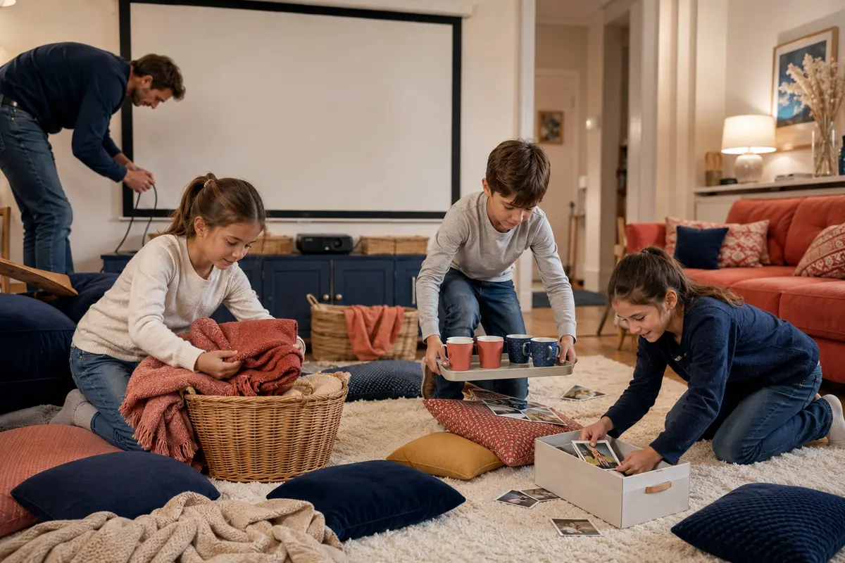 Enfants rangeant doucement coussins gobelets et cartes après une soirée cinéma maison