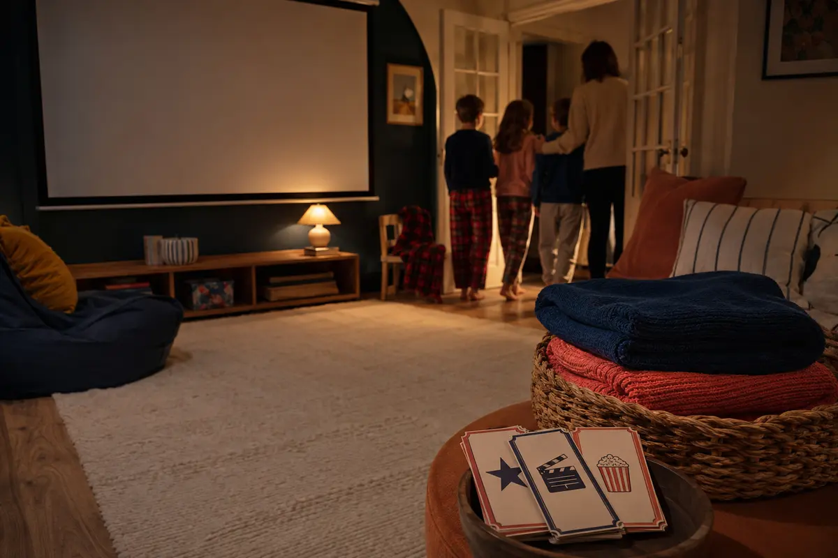 Fin calme de soirée cinéma enfant avec billets souvenirs plaids rangés veilleuse et écran éteint