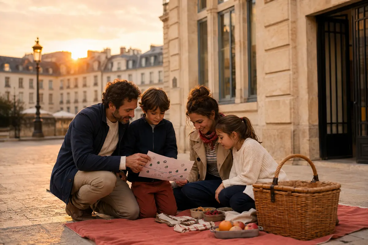 Aventures familiales gratuites avec carte du quartier coucher de soleil bibliothèque et pique-nique
