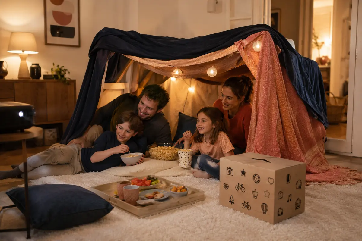 Bucket list famille à la maison avec cabane dîner à thème capsule temporelle et petit cinéma