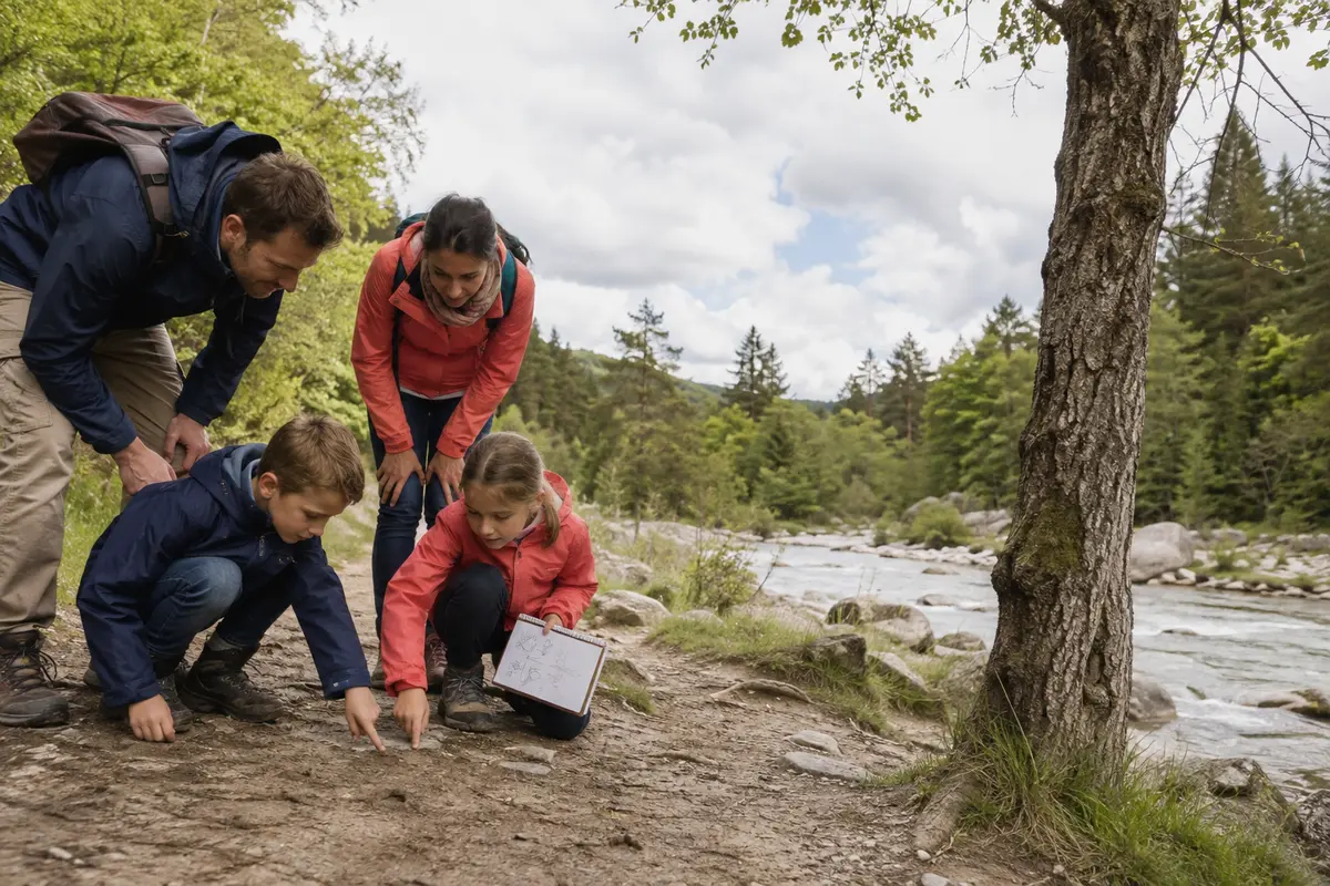 Famille en nature observant empreintes arbres nuages rivière et sons sans cueillir