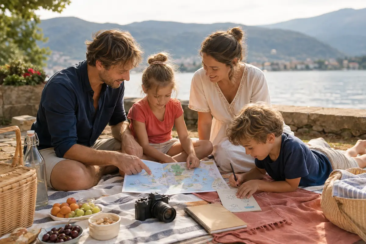 Vacances en famille avec journée surprise carte postale défi photo pique-nique et carnet partagé