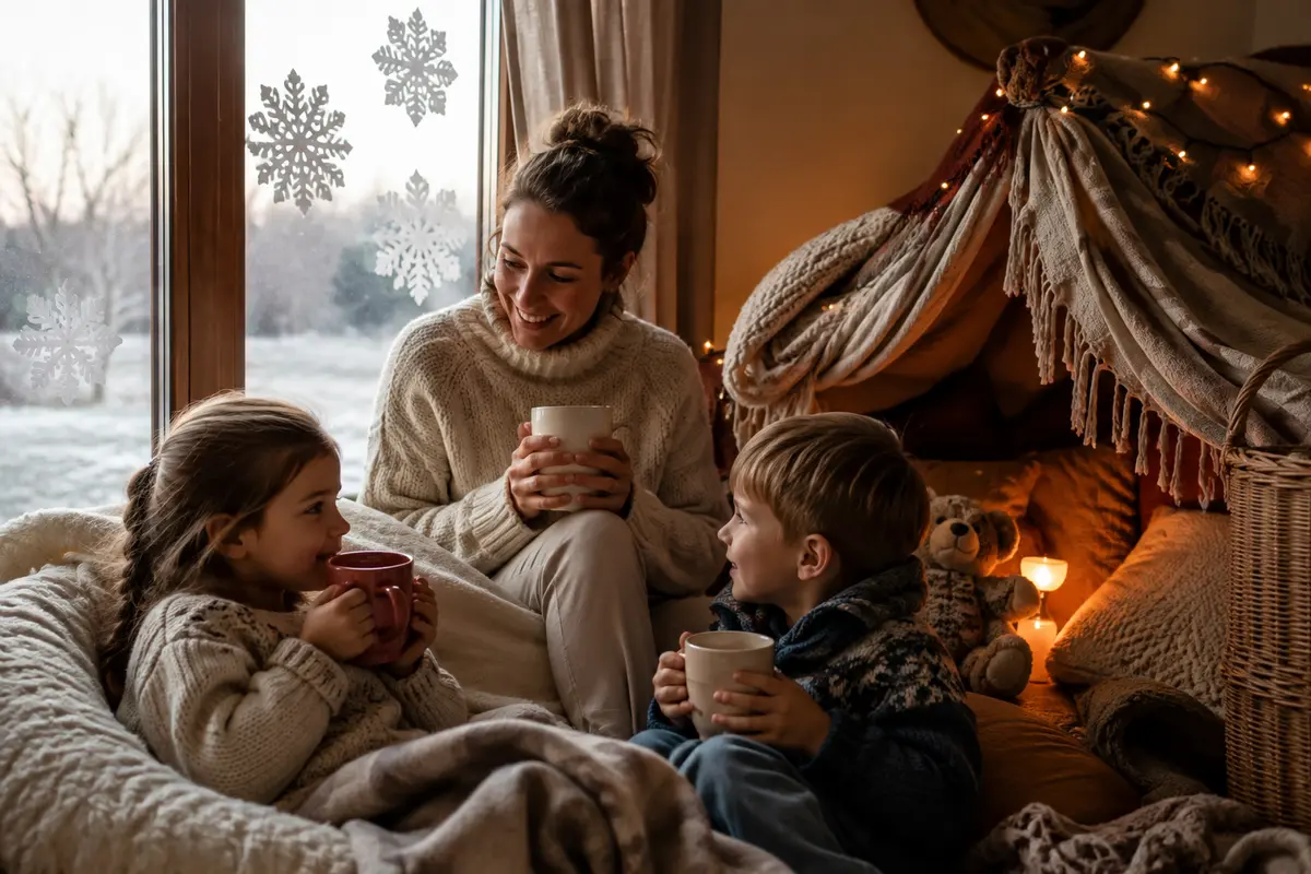 Bucket list hiver famille avec promenade givrée boisson chaude fenêtre décorée et cabane
