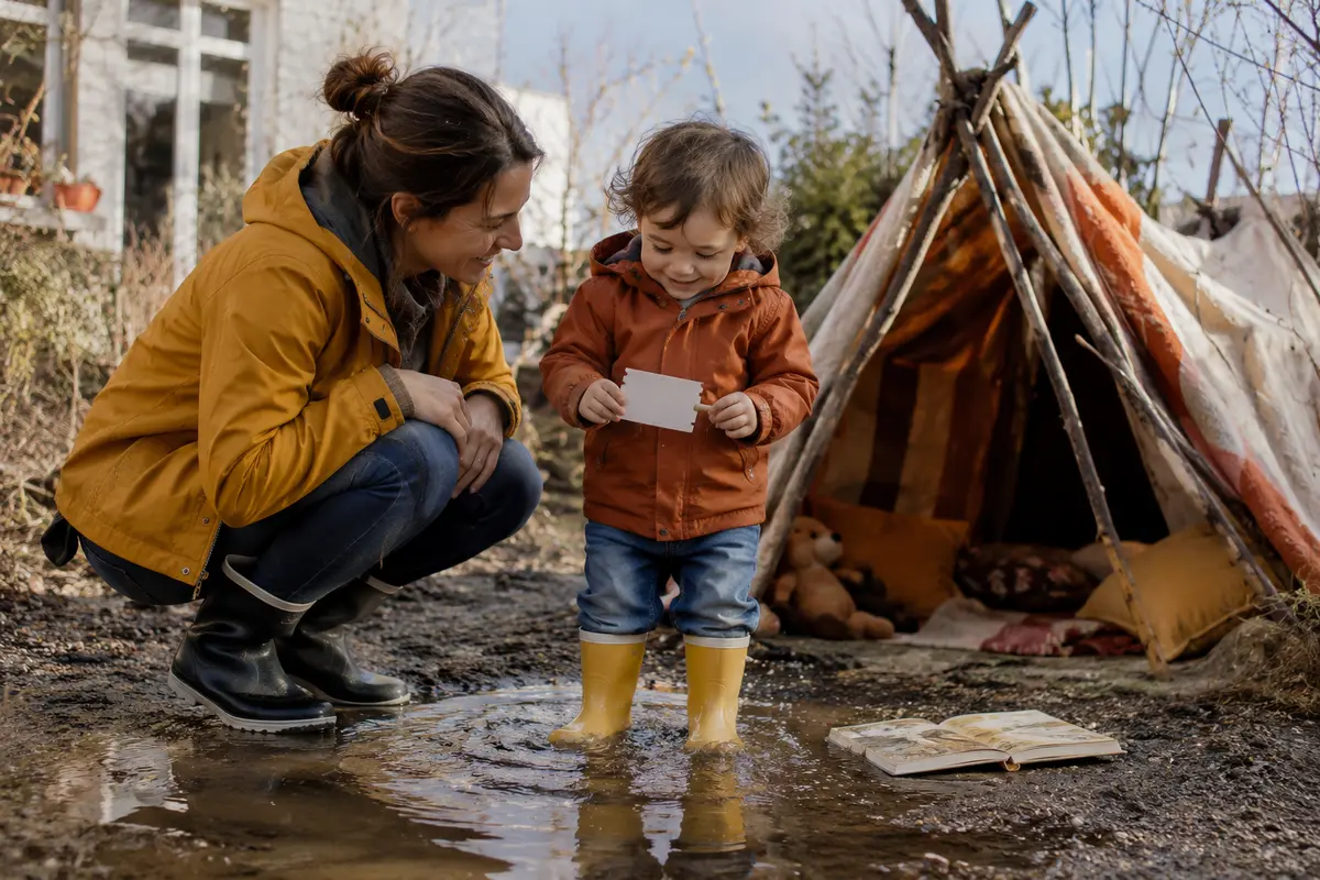 Petites aventures famille avant six ans avec flaques cabane histoire jardin et trajet en bus