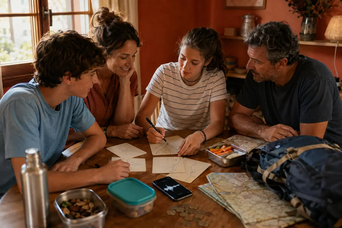 Adolescents et parents préparant micro-aventure bénévolat trajet budget playlist et repas