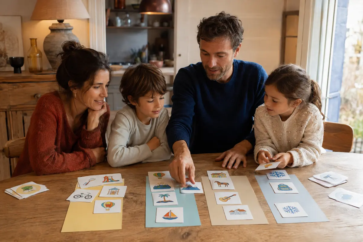 Famille triant des cartes d’aventures entre aujourd’hui ce mois cette saison et un jour