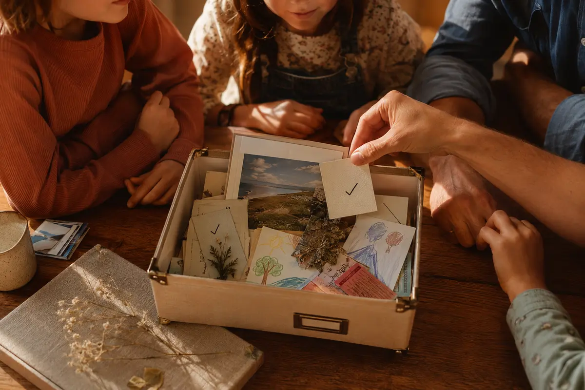 Boîte de souvenirs familiale avec cartes d’aventures cochées dessins tickets et photo de paysage