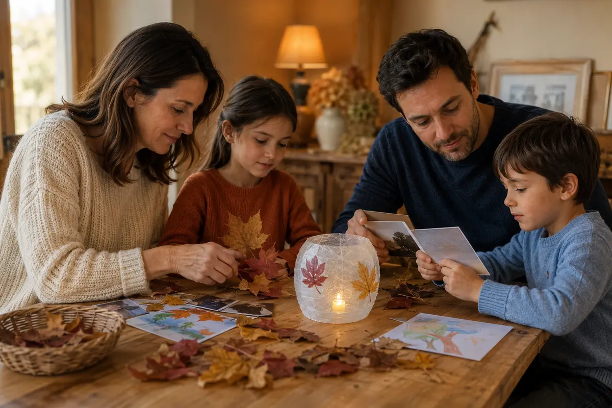 Famille préparant une journée de Toussaint calme avec feuilles d’automne photos et lanterne LED