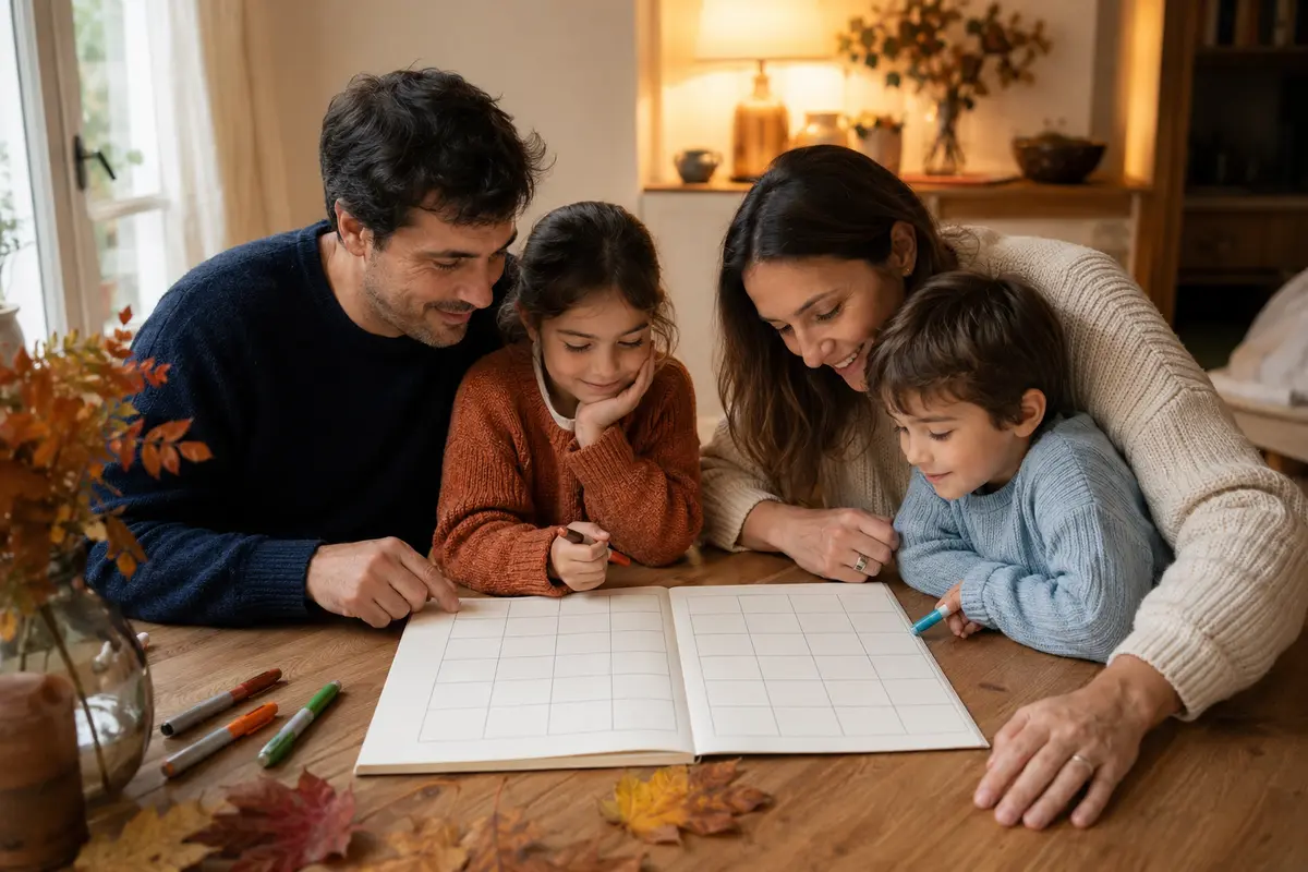 Calendrier familial d’octobre et novembre 2026 entouré de feuilles d’automne sans données personnelles