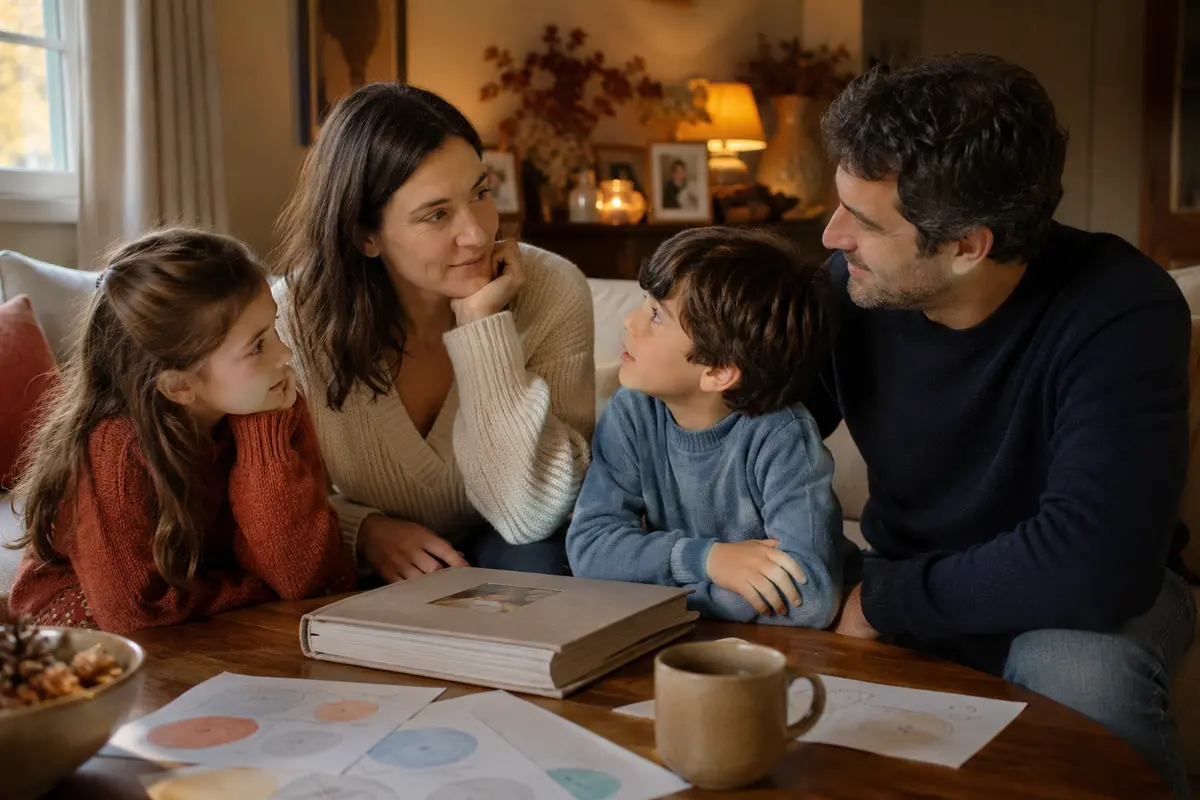 Parent parlant calmement avec deux enfants autour d’un album familial fermé et de dessins