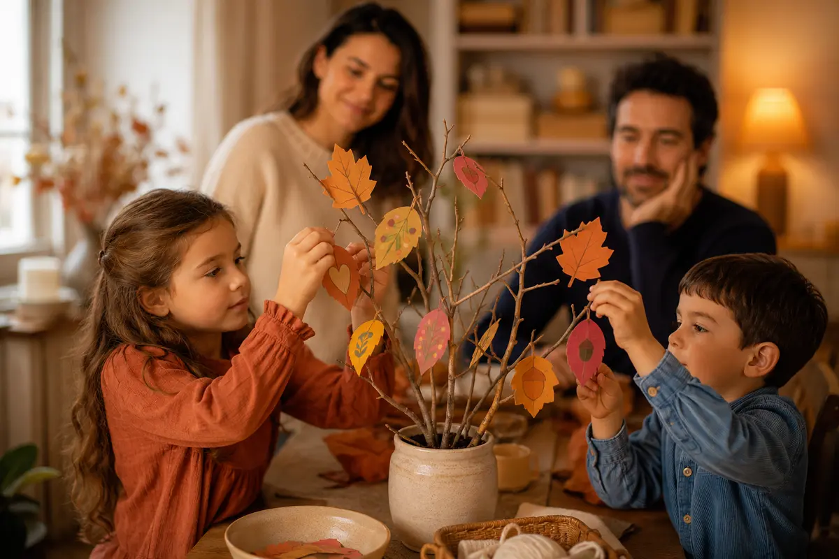 Enfants accrochant des feuilles en papier illustrées à un arbre de souvenirs familial