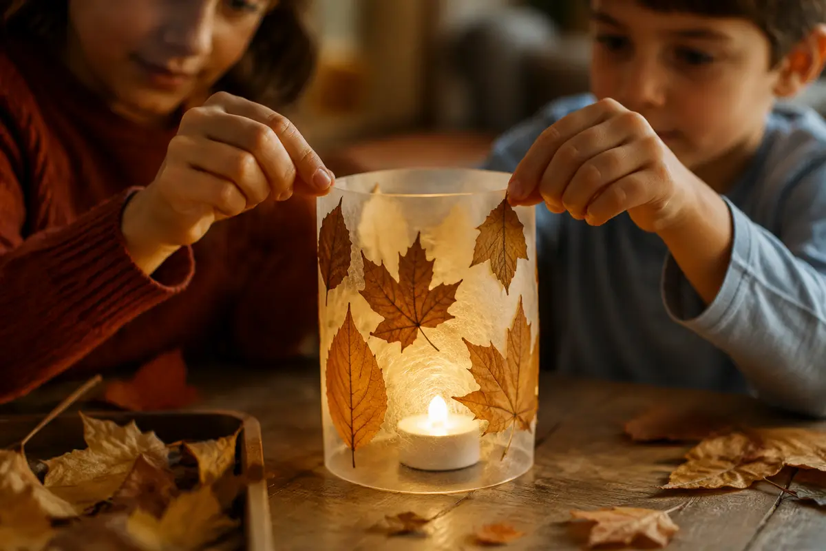Lanterne en papier calque décorée de feuilles avec petite lumière LED