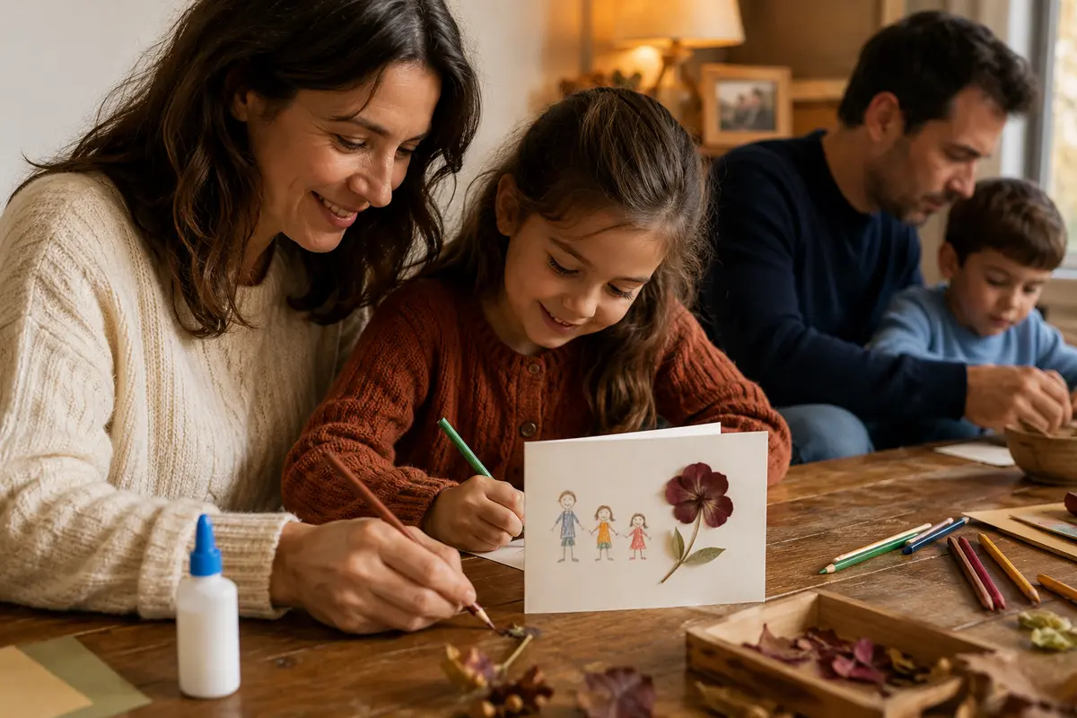 Carte faite main avec fleur pressée et dessin évoquant une transmission familiale