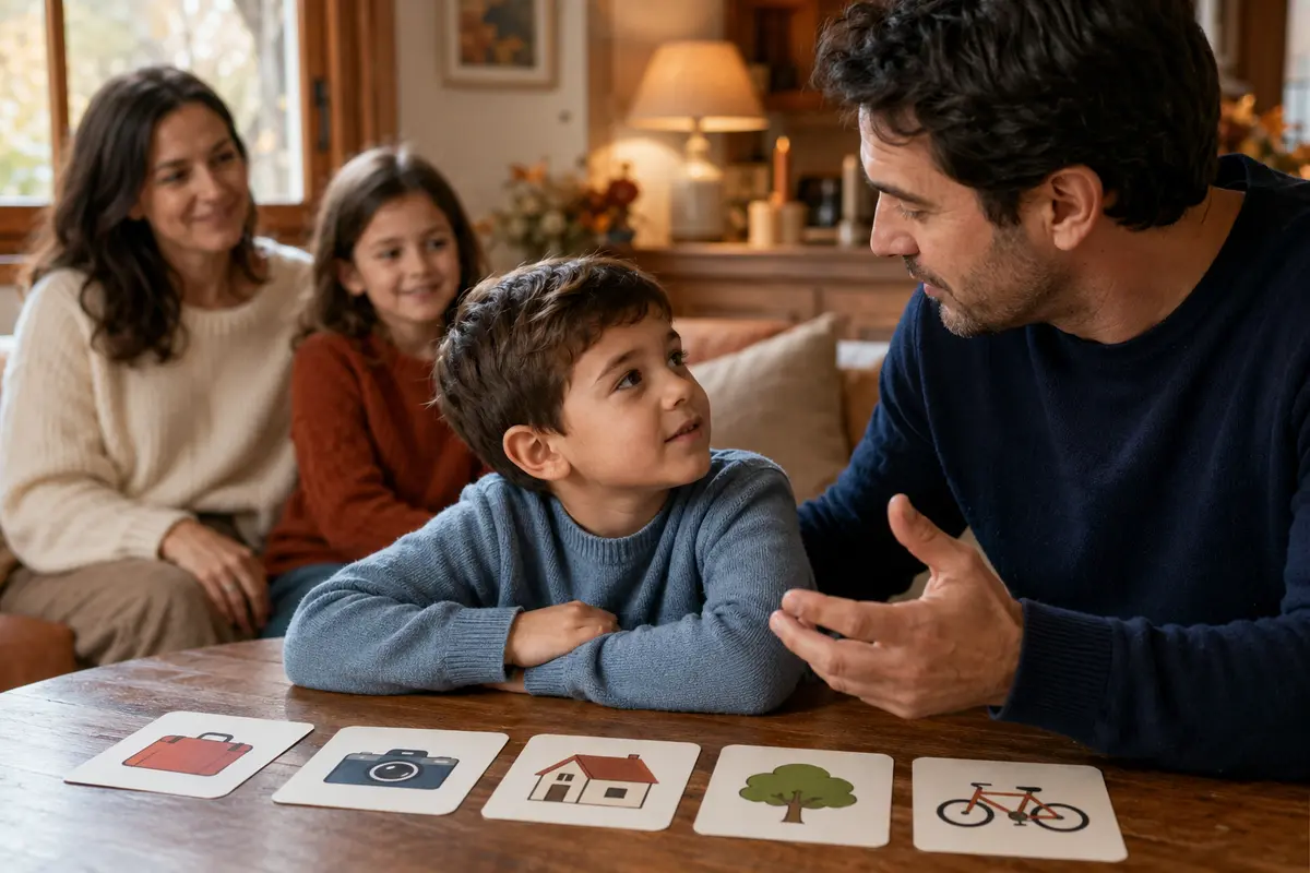 Enfant écoutant un proche raconter un souvenir familial avec cinq cartes illustrées