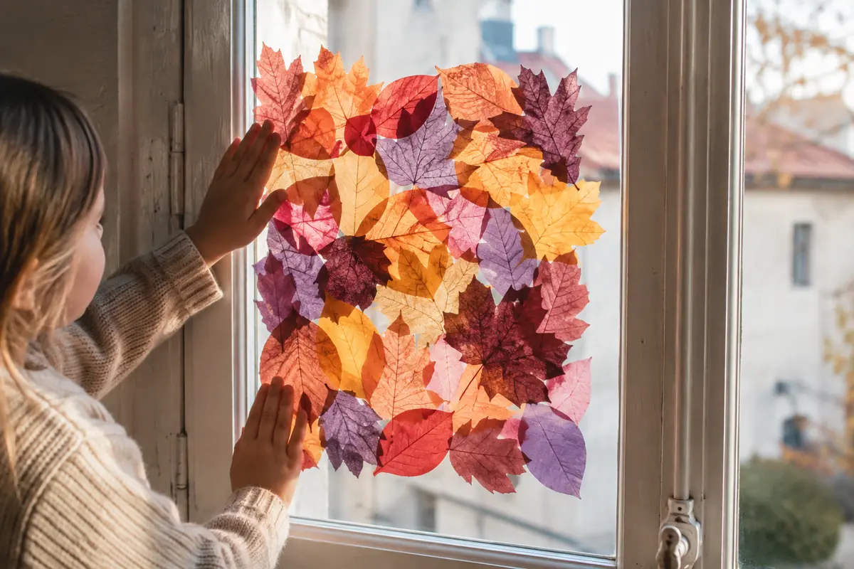 Vitrail de feuilles d’automne en papier translucide installé sur une fenêtre