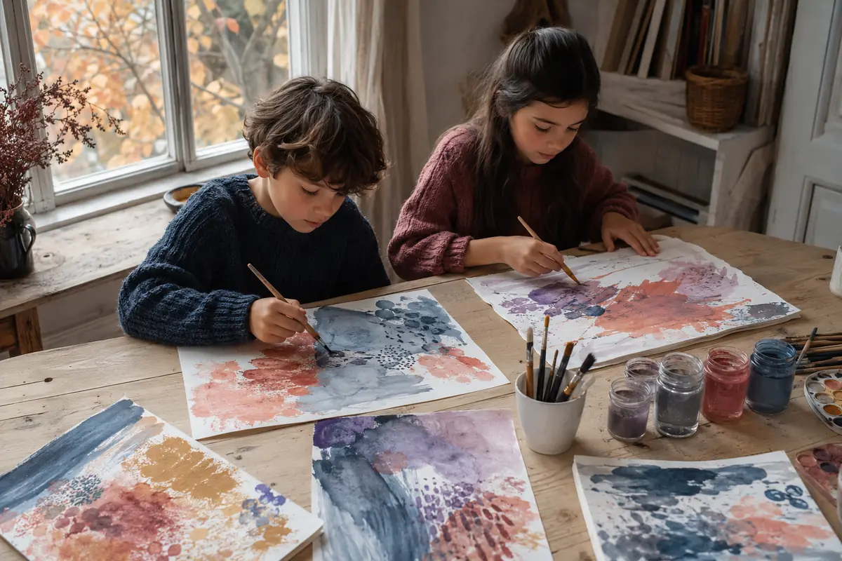 Enfants peignant calmement les couleurs de novembre en bleu corail ocre et violet