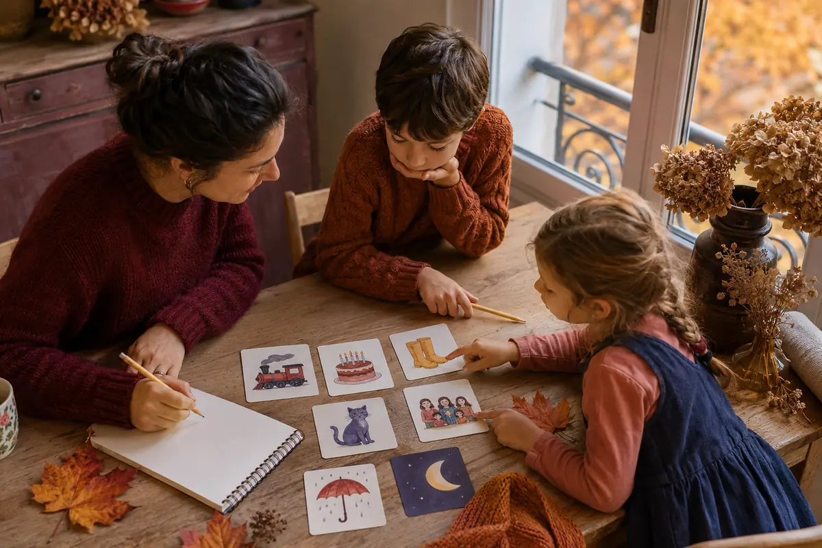 Famille composant un poème collectif à partir de cartes illustrant des petits souvenirs