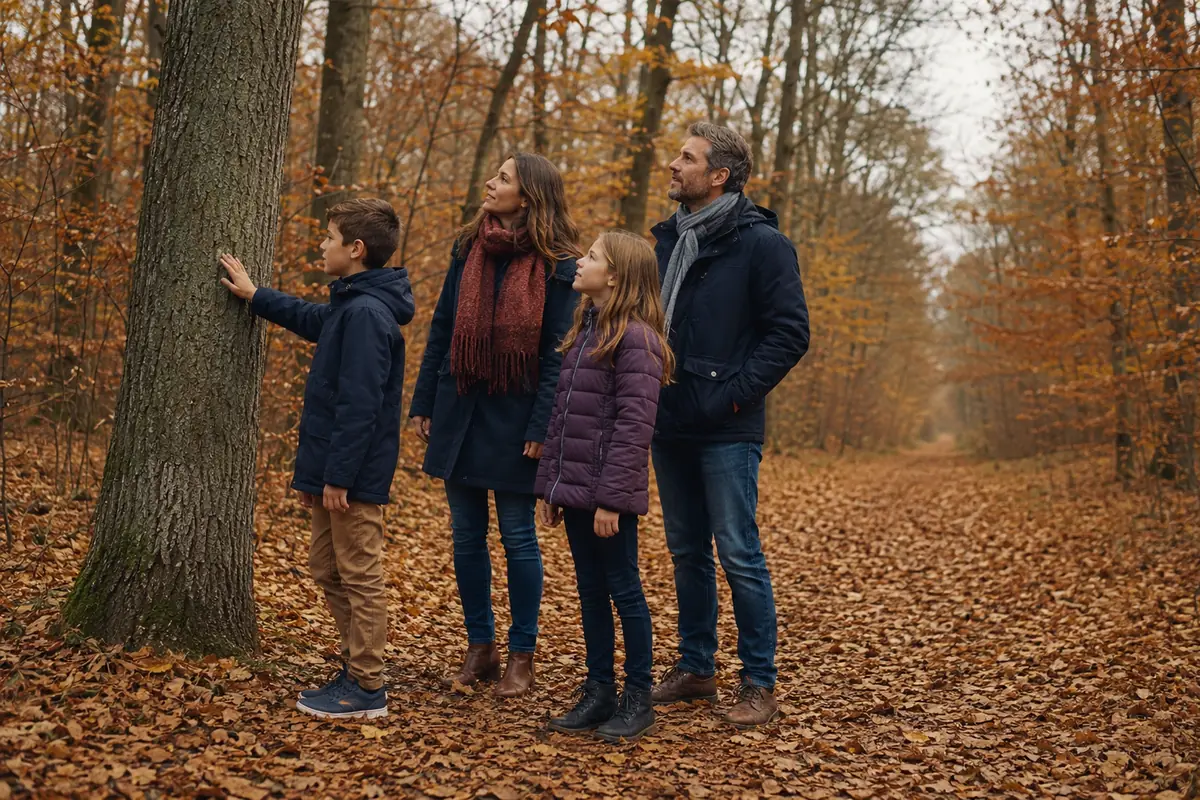 Famille en promenade automnale observant les couleurs textures sons et odeurs