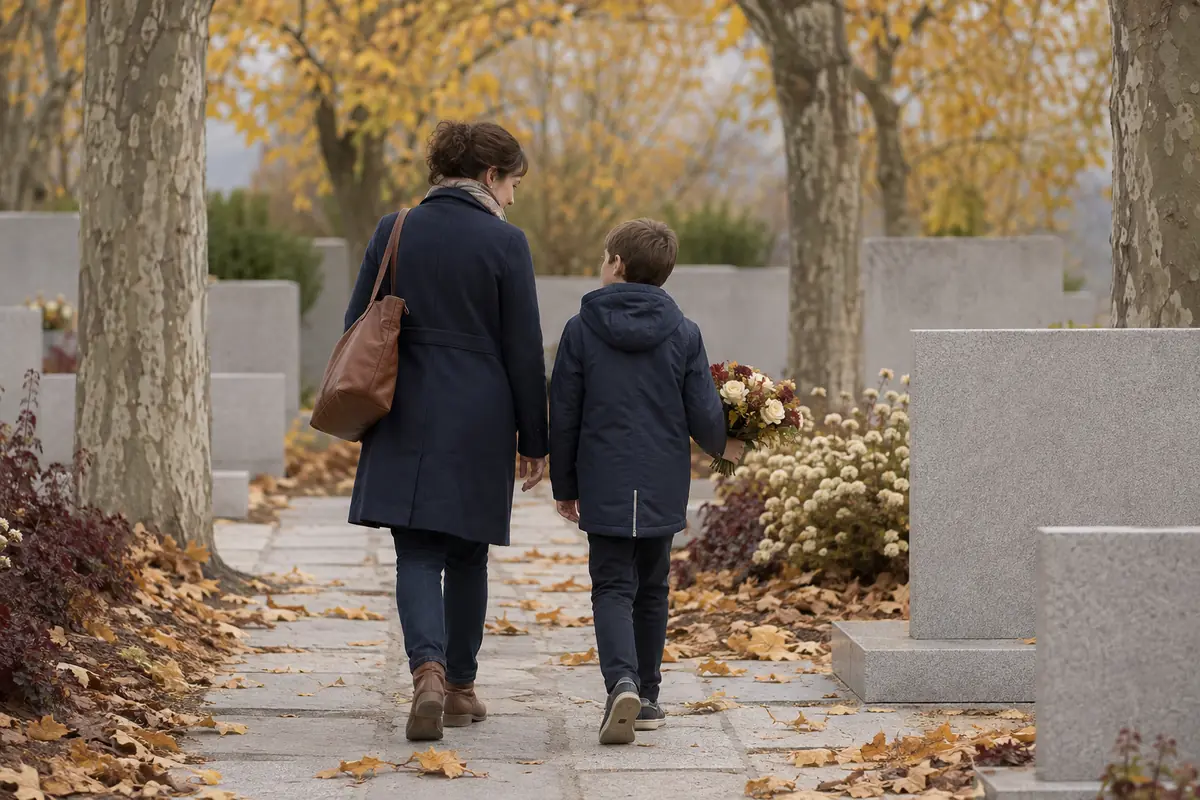 Adulte et enfant marchant calmement dans une allée de cimetière avec petit bouquet sobre