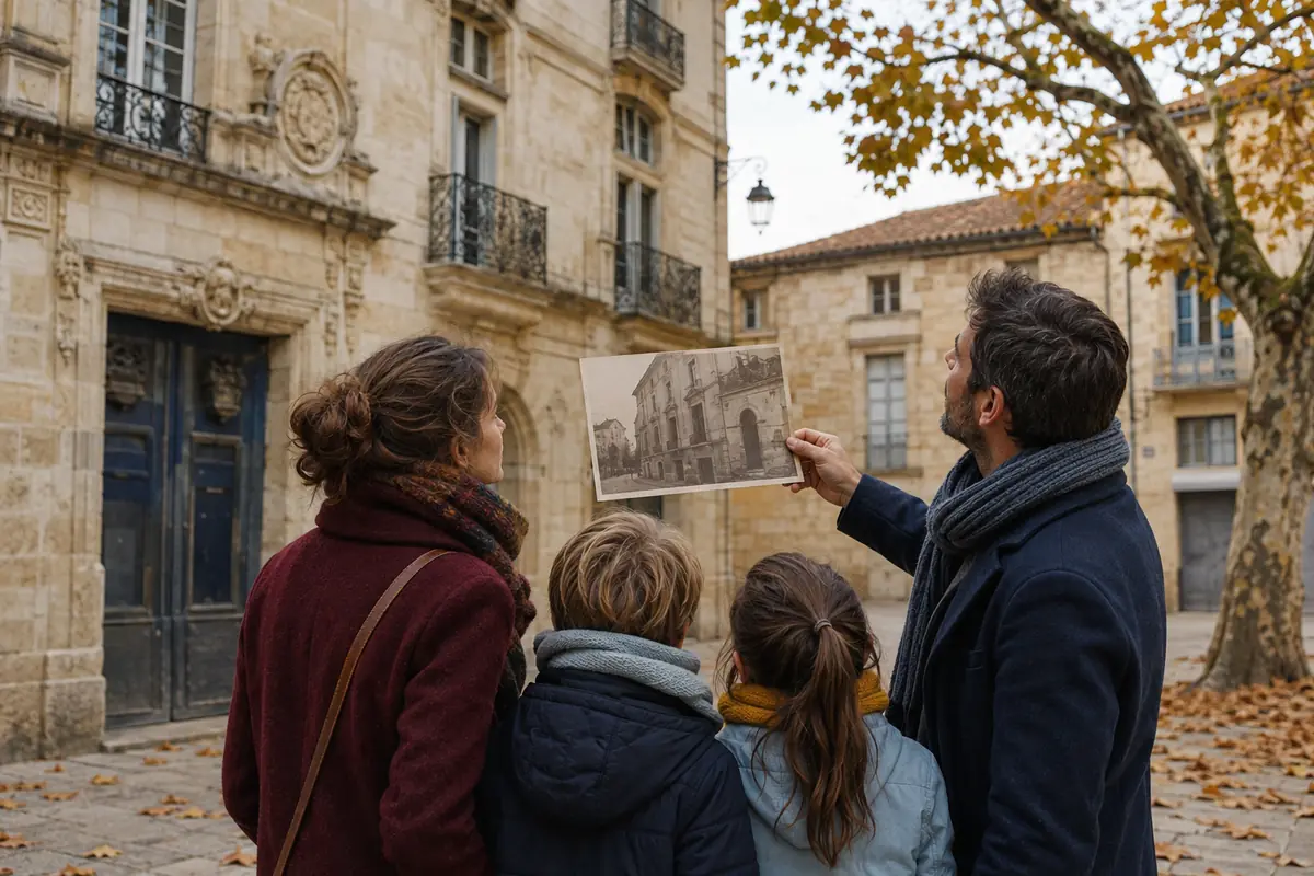 Famille observant un bâtiment ancien et comparant une copie d’image historique sans texte lisible
