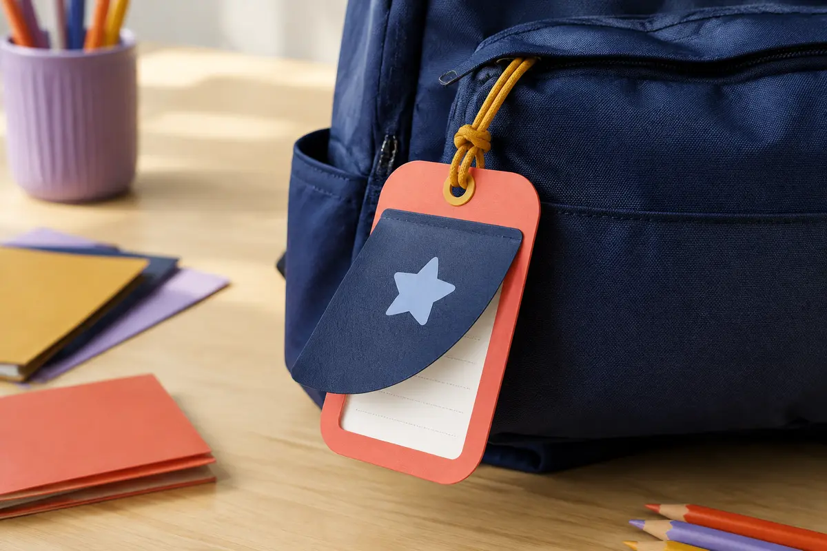 Étiquette de cartable en carton coloré avec rabat protégeant les informations