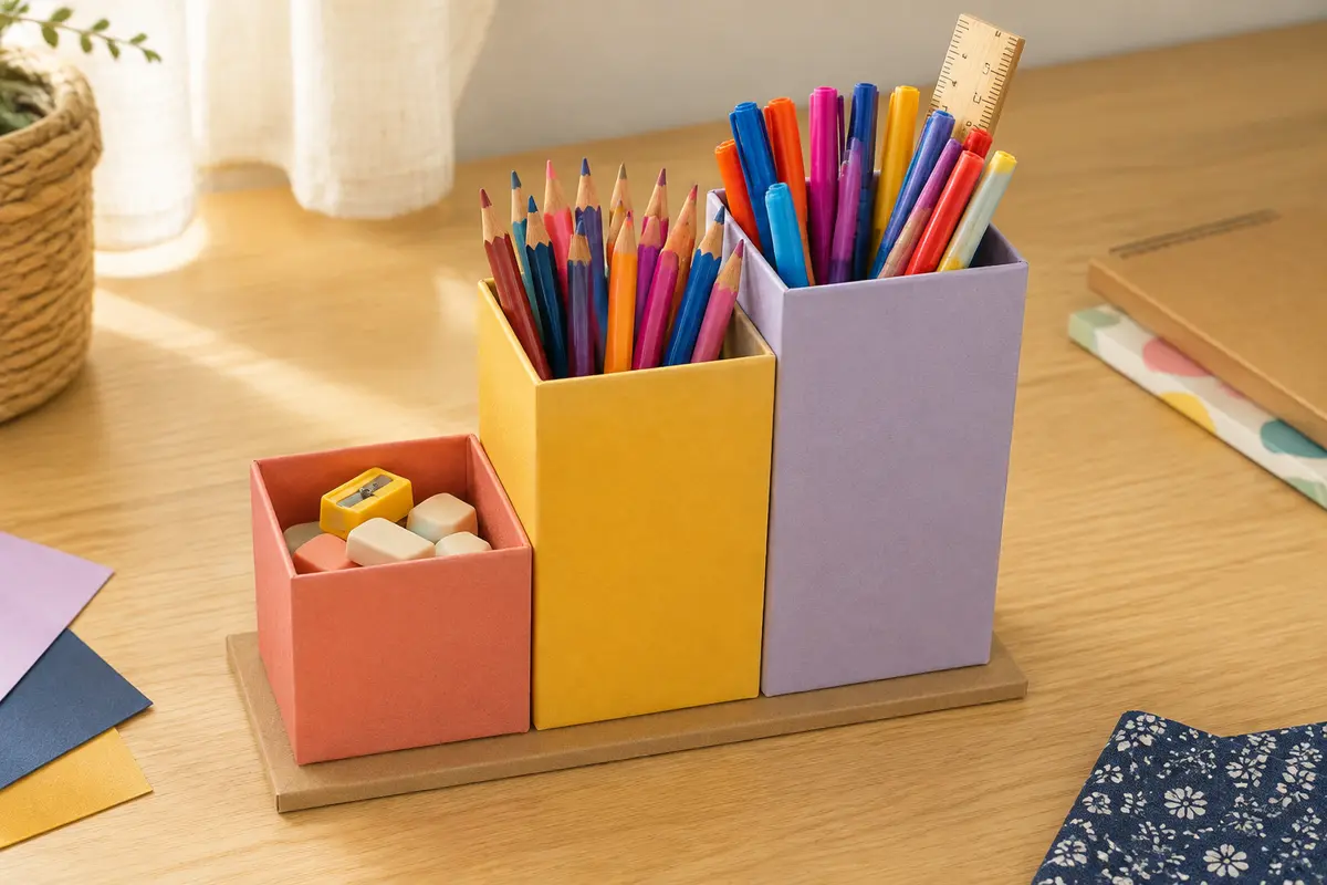 Pot à crayons compartimenté fabriqué en carton avec crayons feutres et règle séparés
