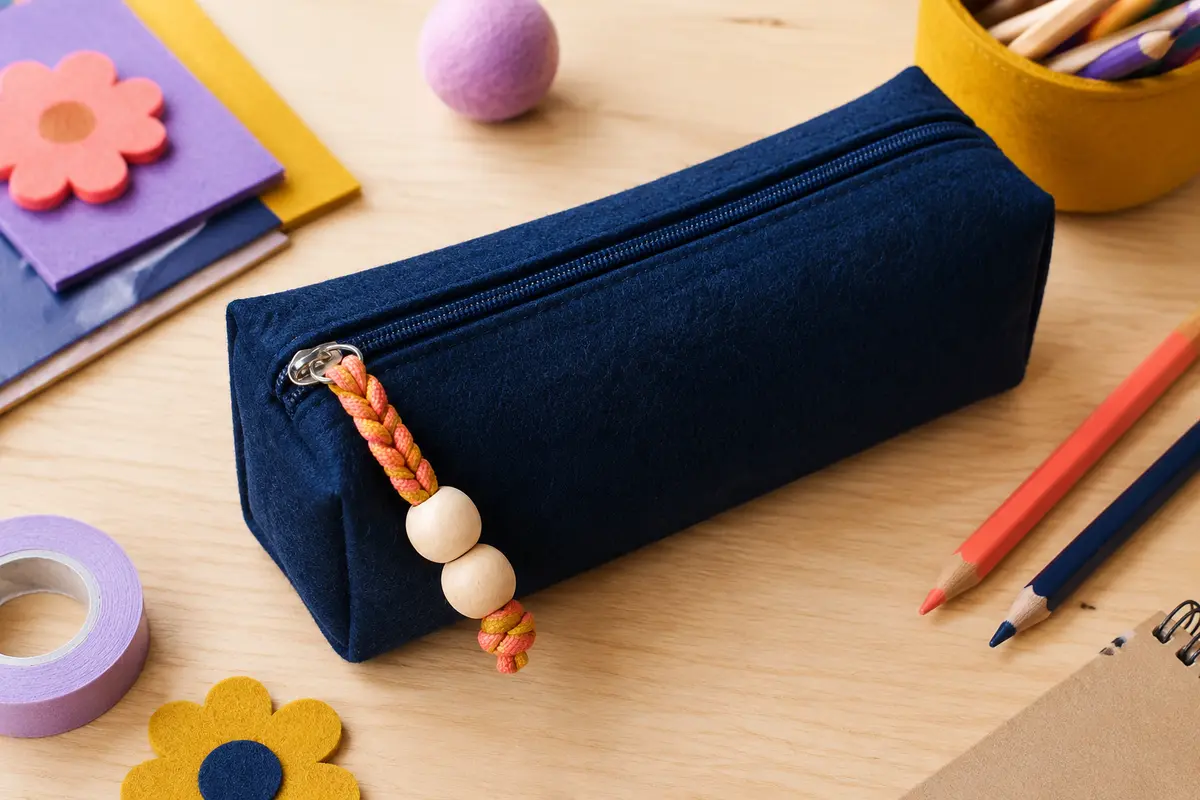 Tirette de trousse en cordon tressé et grosses perles fixée à une fermeture éclair