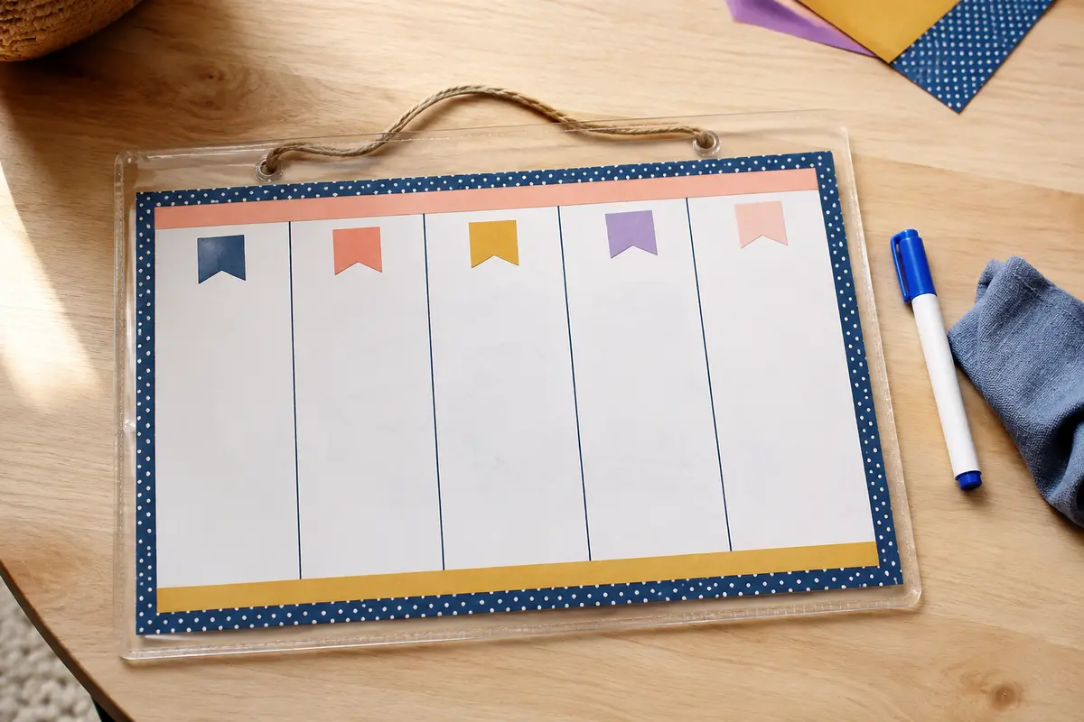 Planning scolaire hebdomadaire coloré glissé dans un cadre transparent effaçable