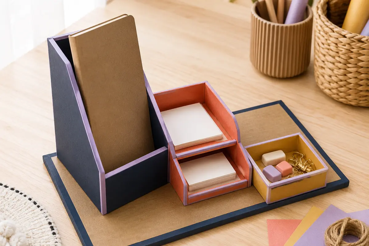 Organiseur de bureau modulable en carton avec compartiments pour cahiers courrier et crayons