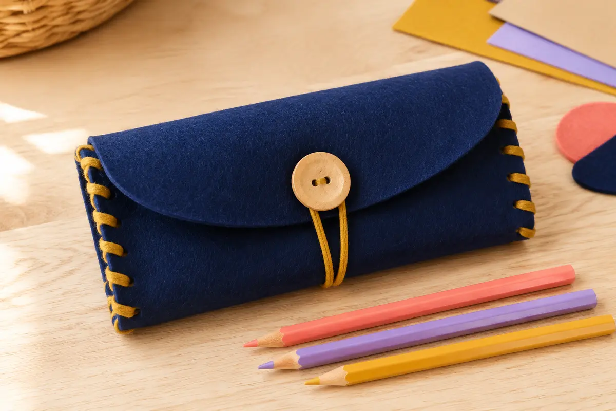 Mini-trousse scolaire en feutrine fermée par un lacet coloré