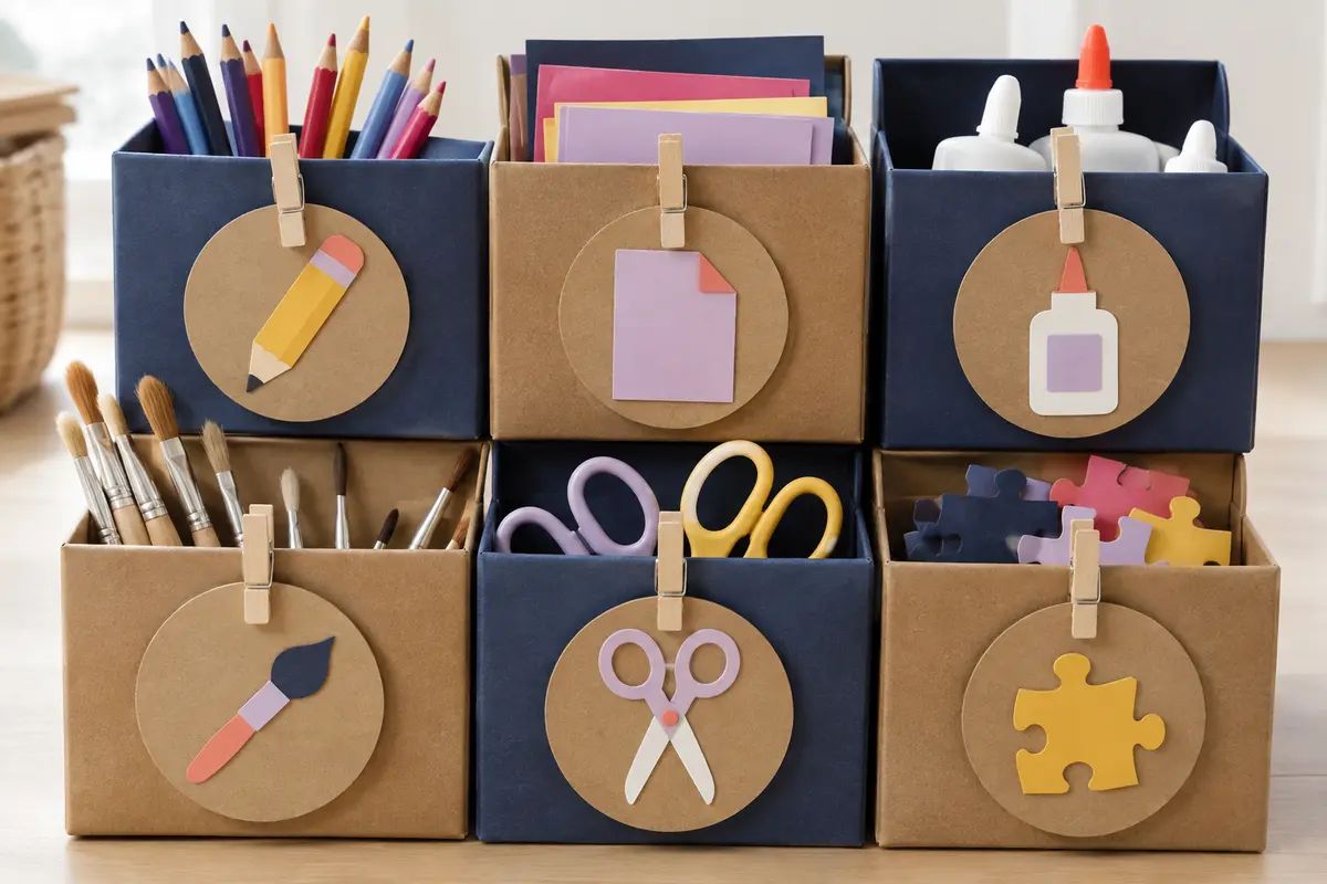 Étiquettes de rangement réutilisables en carton avec pictogrammes de fournitures