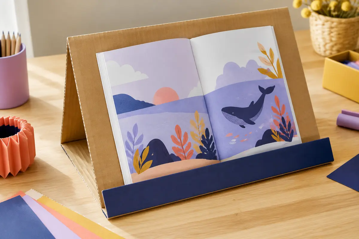 Support de livre pliable en carton tenant un petit livre ouvert sur un bureau