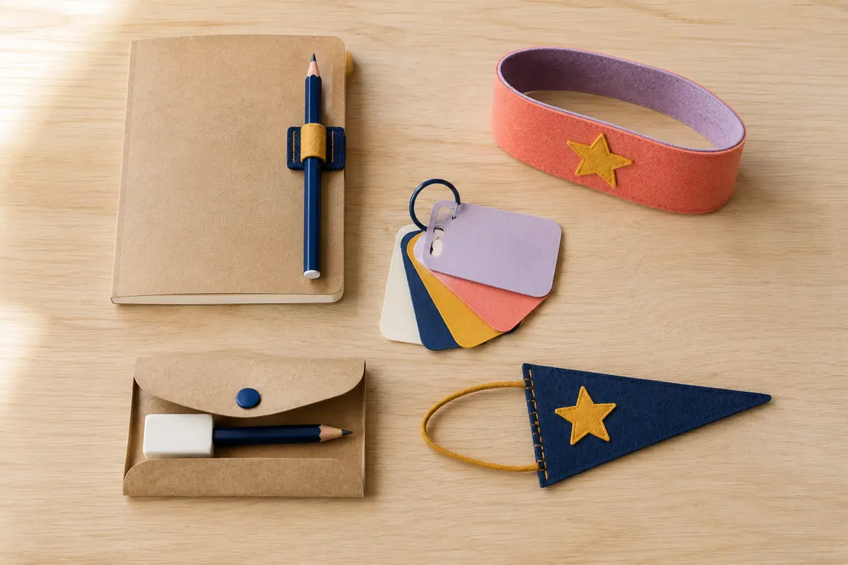 Cinq petits accessoires de rentrée faits main : boucle à stylo, étiquette repas, anneau de cartes, pochette et fanion
