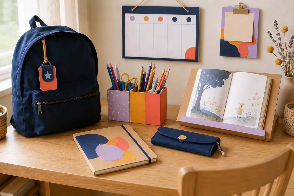 Ensemble final de bricolages de rentrée installés sur un bureau et près d’un cartable