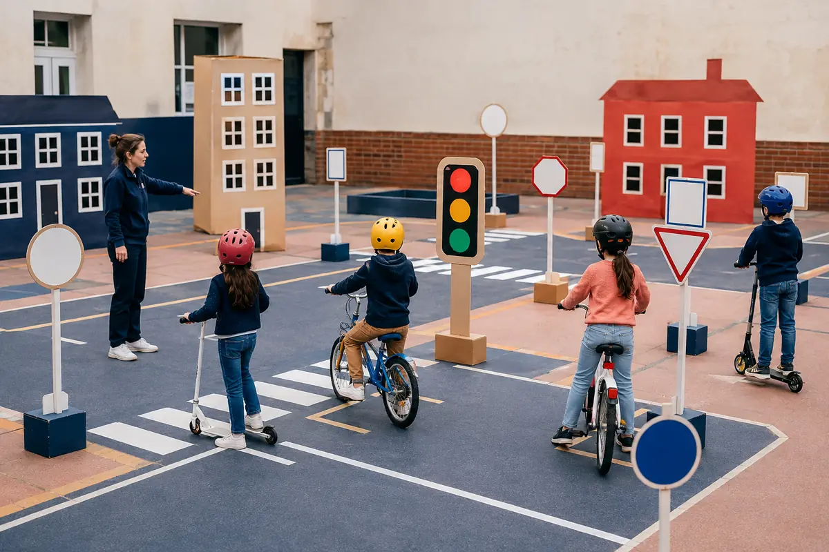 Parcours de sécurité routière pour enfants avec passage piéton panneaux feux et vélos