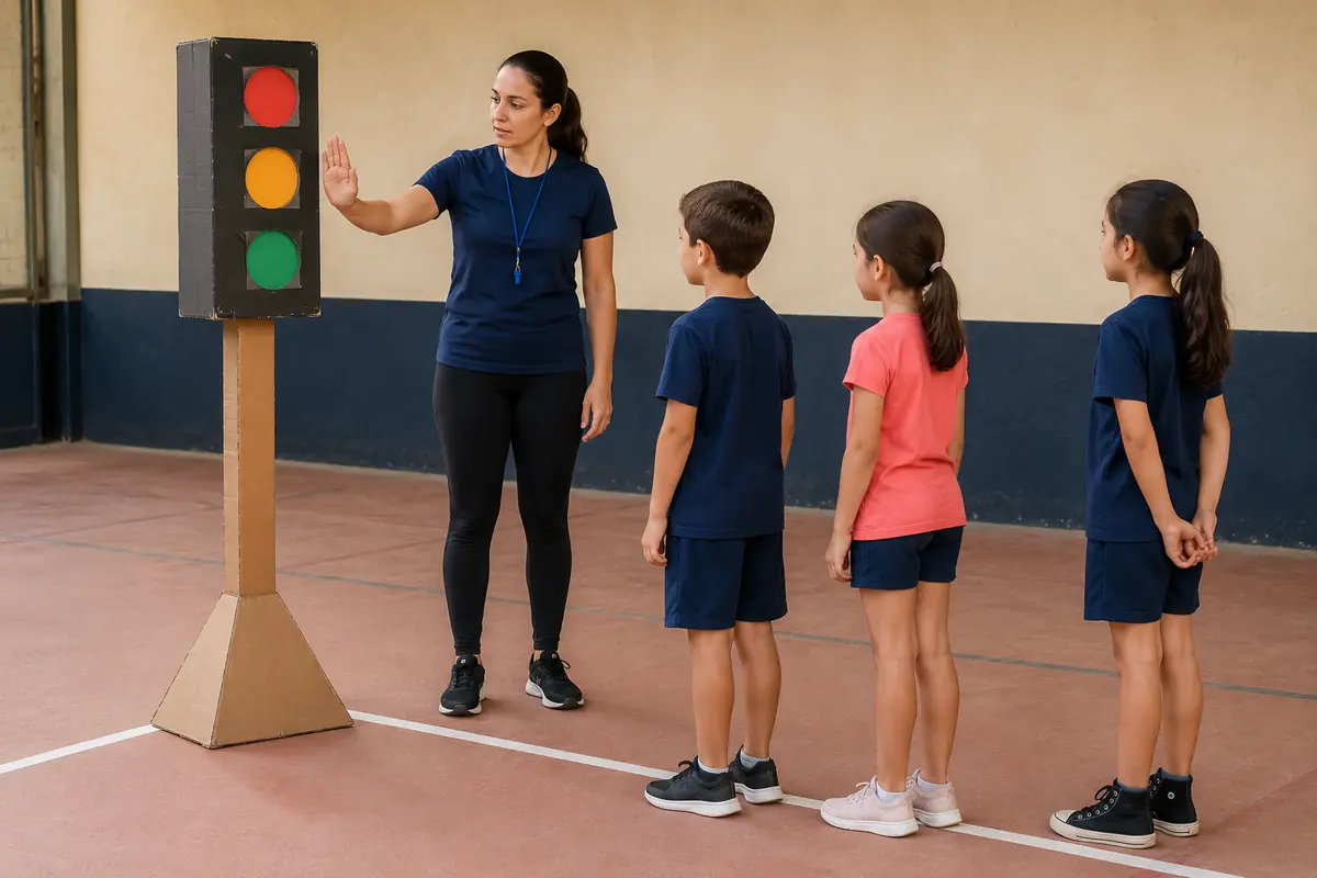 Feu tricolore géant en carton utilisé dans un jeu moteur de sécurité routière